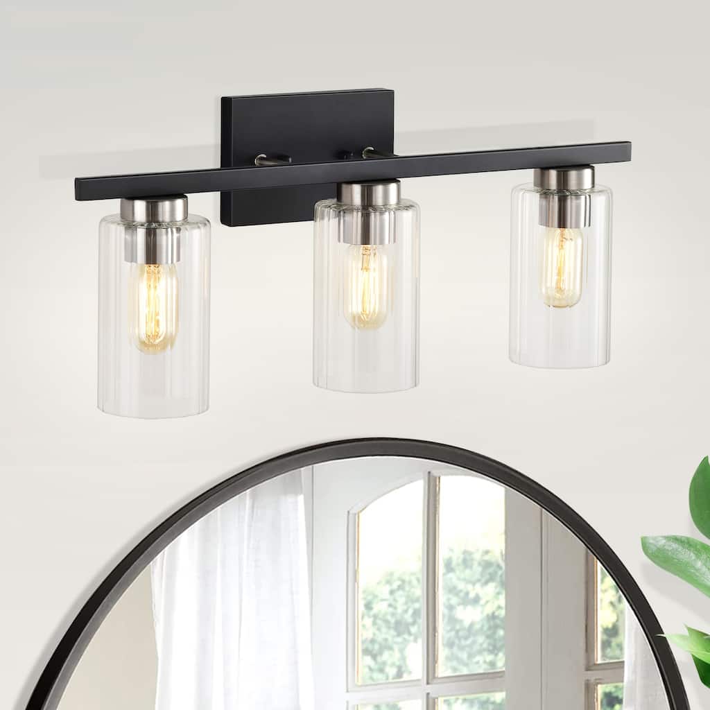 3-Light Black and Brushed Nickel Modern Vanity Light with Beveled Glass Shades - N/A