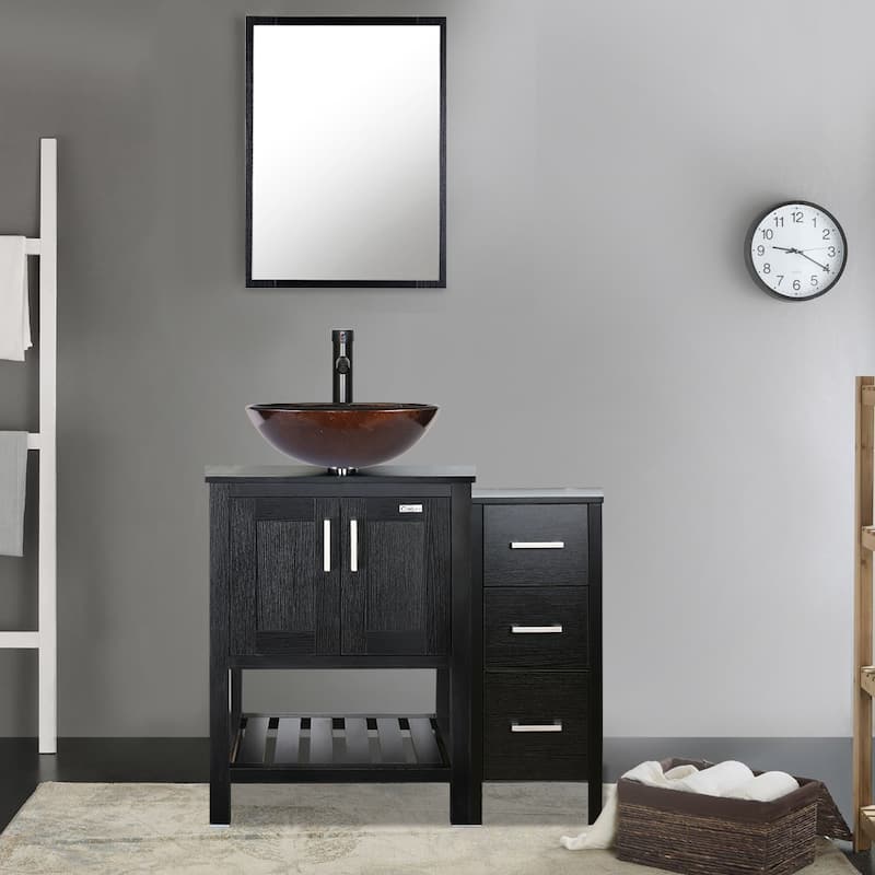 36" Bathroom Vanity Set Tempered Glass Ceramics Vessel Sink With Side Cabinet Combo - brown round sink - Black