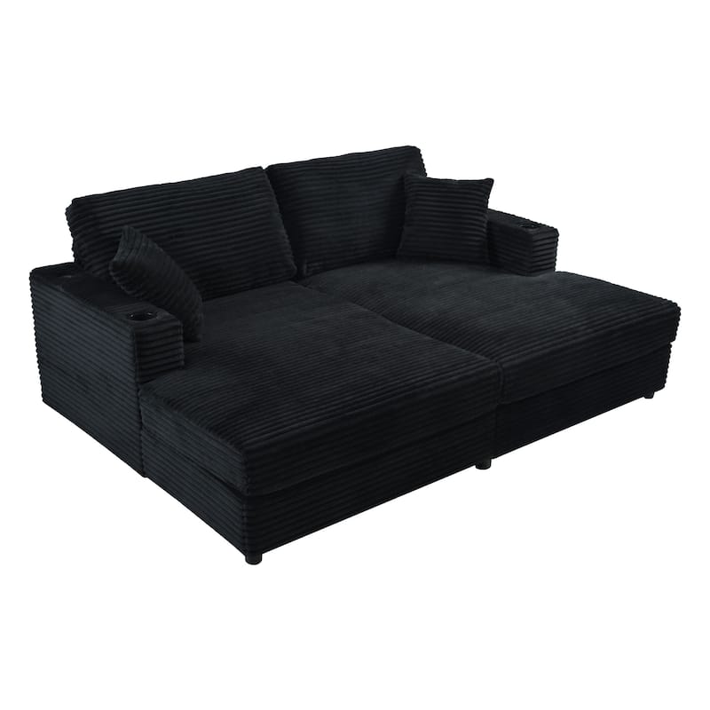 Modern Double Chaise Lounge Sofa with USB Ports and Cup Holders and Corduroy Upholstery for Living Rooms or Guest Spaces