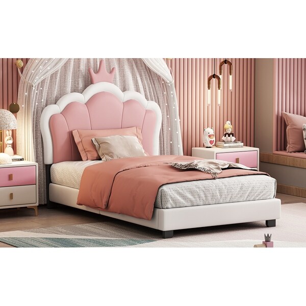 Full or Twin Size Upholstered Princess Bed With Crown Headboard Luxury PU Leather Kid s Platform Bed On Sale Bed Bath Beyond 38150485