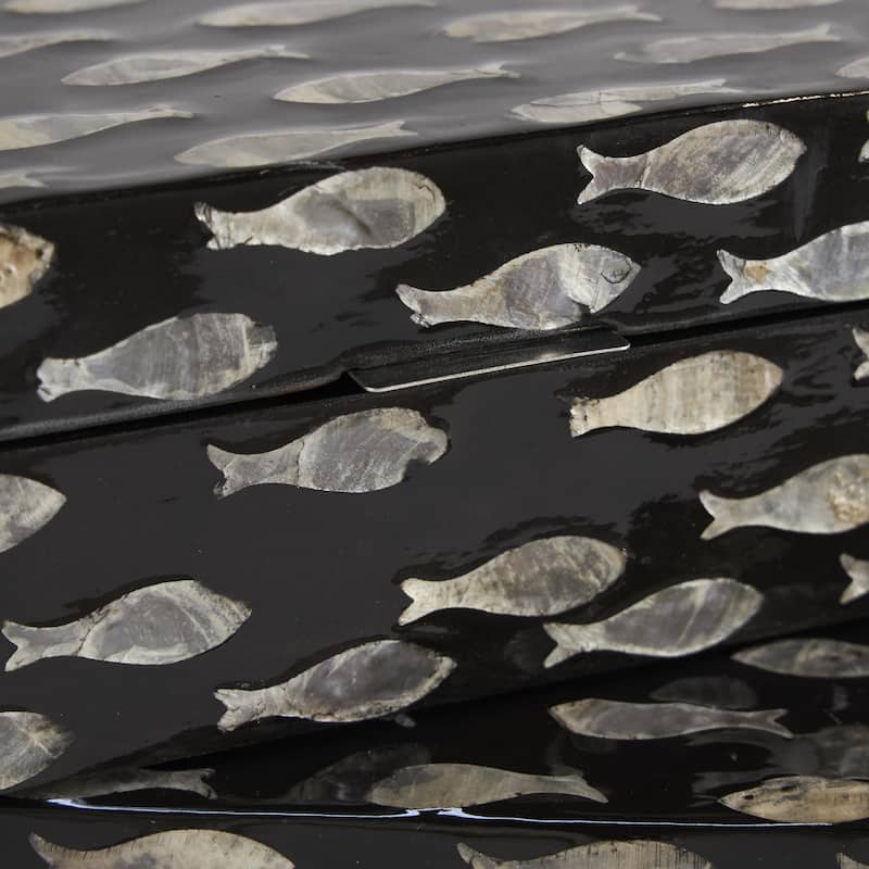 Mother of Pearl Shell Floral Box with Beige Accents - Set of 2 Black - Roche River Decor