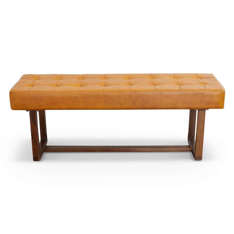 GDFStudio - Cameron Modern Mid-Century 51" Genuine Leather Bench with Solid Wood Frame for Living Room, Bedroom & Entryway