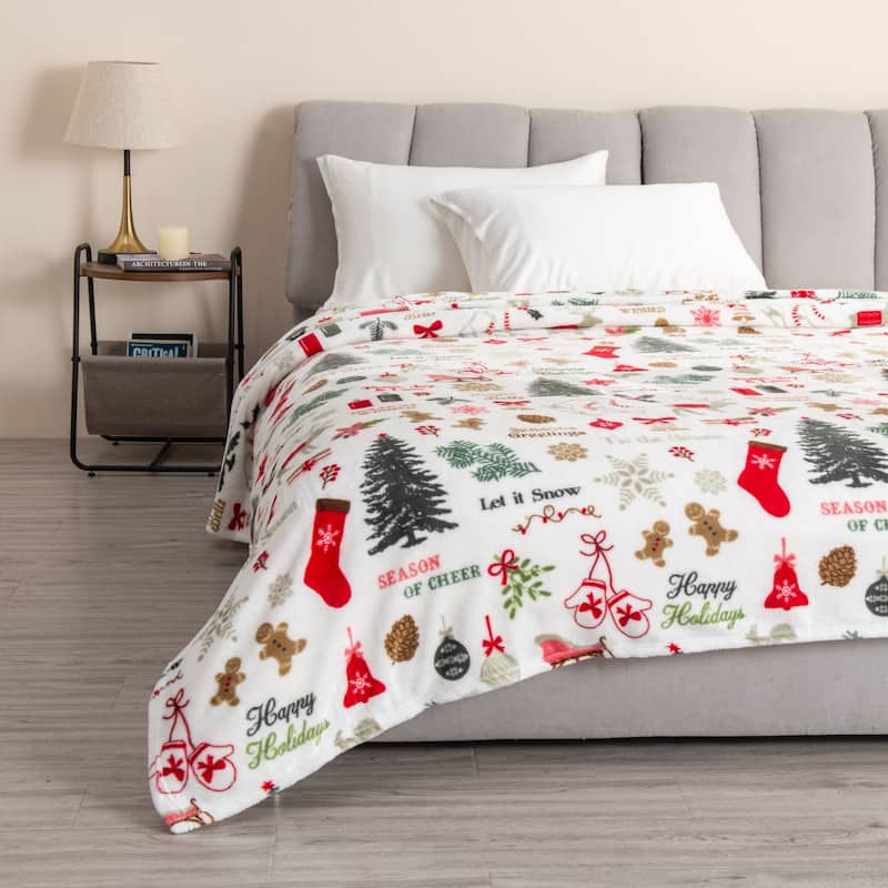 Luxurious Velvet Plush Fleece Holiday Printed Bed Blanket - Twin - Holiday Time