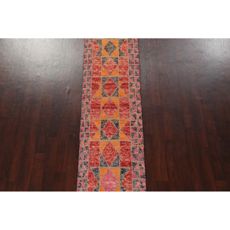 Geometric Oriental Moroccan Wool Runner Rug Handmade Staircase Carpet - 2'5" x 12'7"