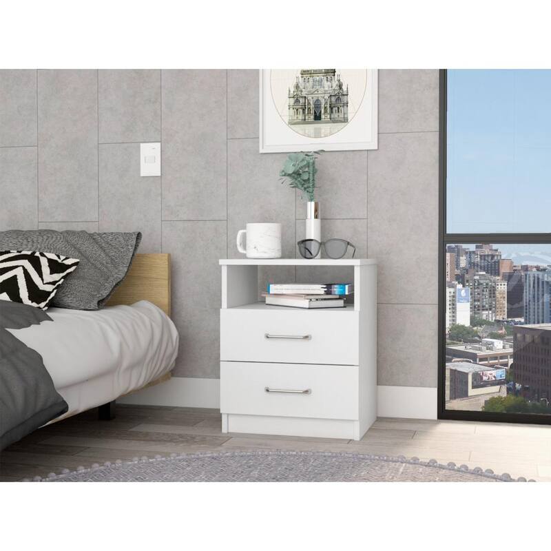 20-Inch White Nightstand with Two Drawers and Open Shelf - White