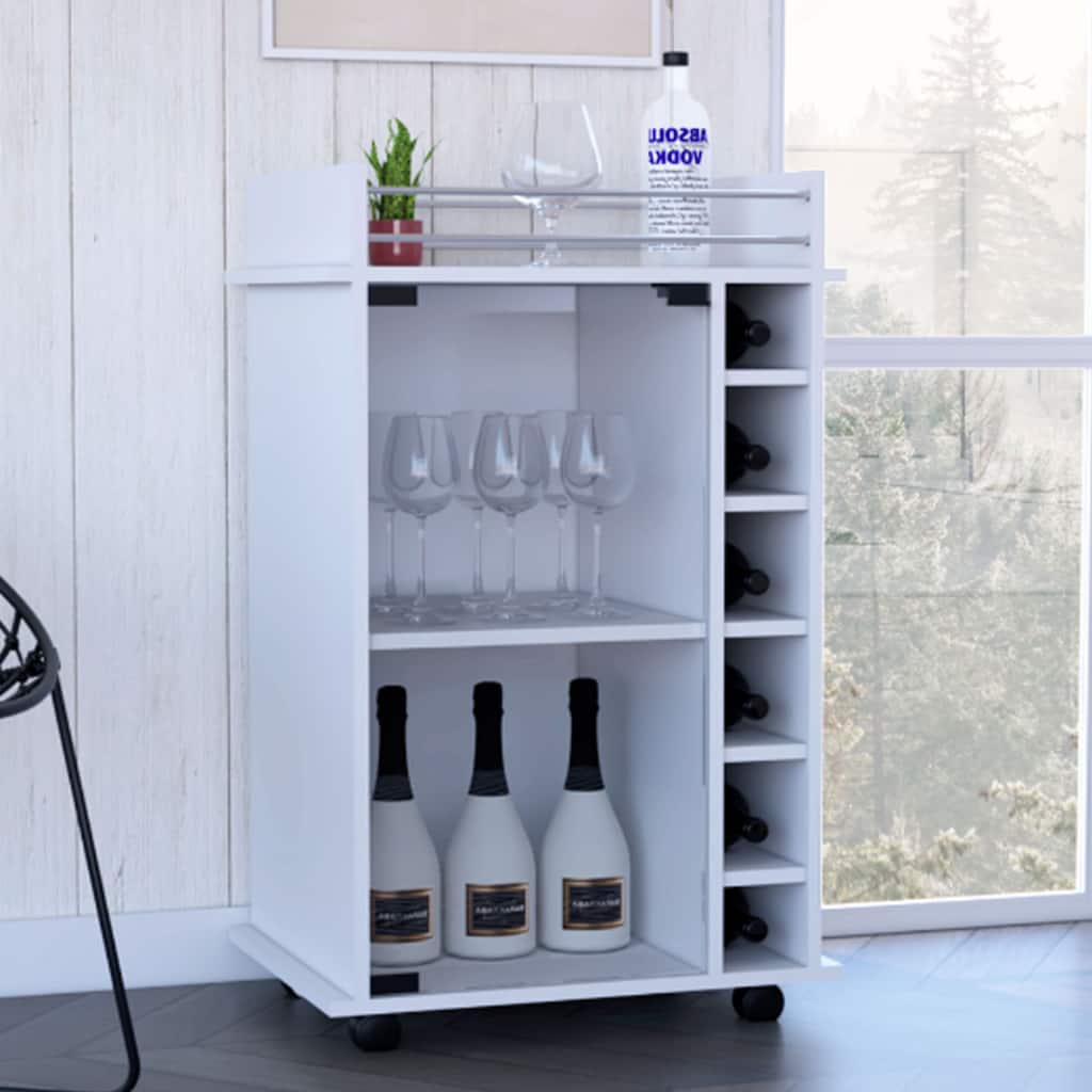 Stylish White Bar Cart with Glass Door, Two Shelves, Six Liquor Bottle Cubbies, and Locking Casters