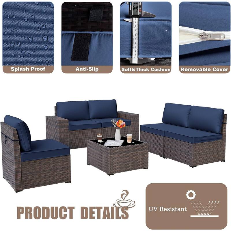 Delnavik Patio Furniture Set Sofa 6-Piece Wicker Sectional Sofa Set, Outdoor Furniture Rattan Patio Sofa Conversation Set