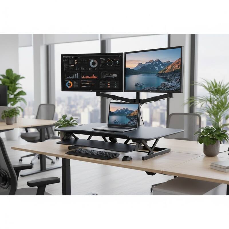 Rocelco 46 in. W Balck Electric Standing Desk Converter with AC Outlet, USB Charger, Triple Monitor Arm Mount and Keyboard Tray