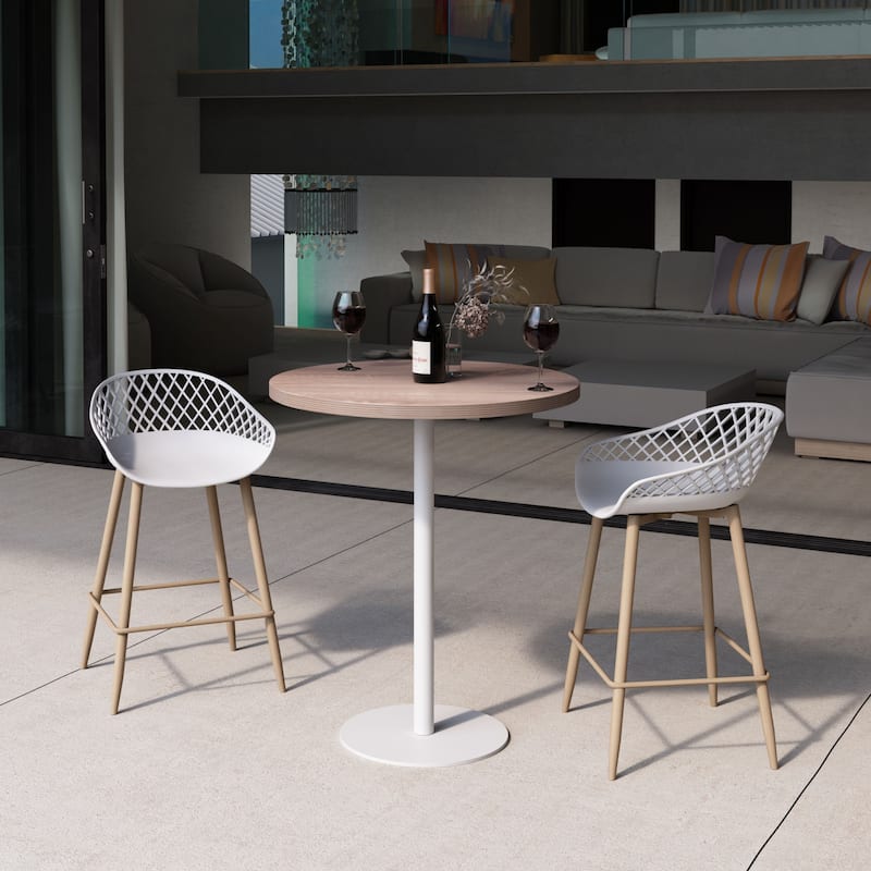 Kurv™ Mid-Century Modern Counter Stool with Steel Legs for Indoors or Outdoors - Set of 2 - White/Natural