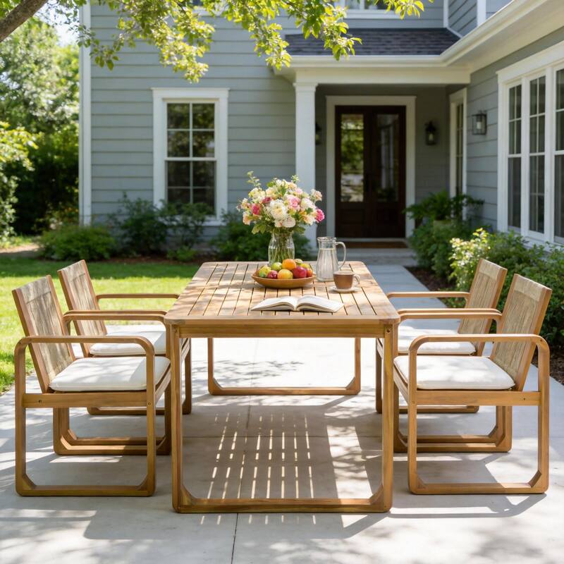 Christopher Knight Home - Ronan Outdoor Acacia Wood Dining Set with Rope Back Chairs & Curved Leg Dining Table, Teak Finish