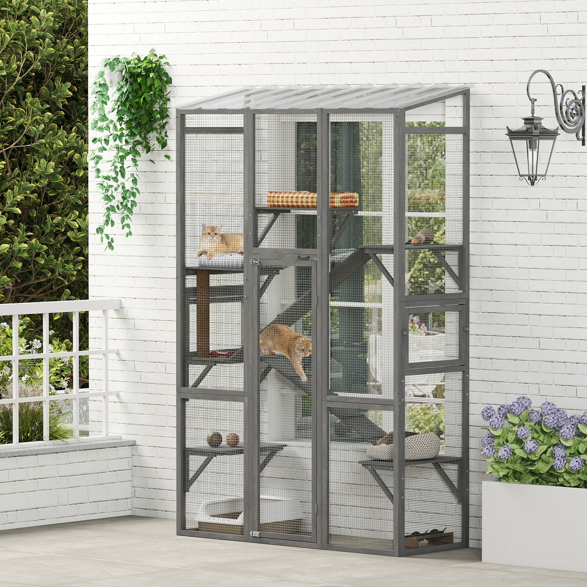 PawHut Outdoor Catio Cat Enclosure, Large Wooden Cat House with 6 Jumping Platforms, Scratching Post, 2 Ramps, Waterproof Roof