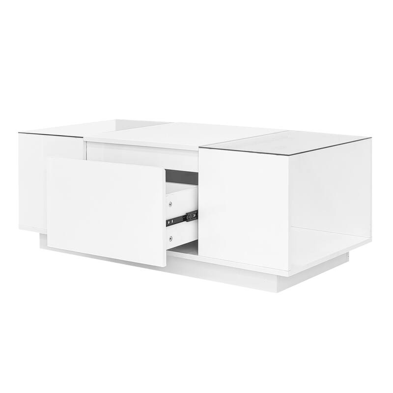 LED Coffee Table with 2 Drawers, Rectangle High Gloss Center Table, Modern Glass Tabletop Storage Table for Living Room