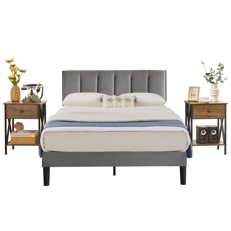 VECELO 3-Pieces Bedroom Sets Upholstered Bed Frame and Nightstands Set of 2 Dark Grey Platform Bed Frame