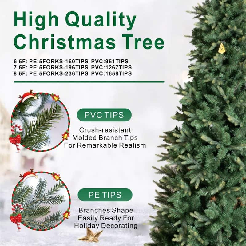 6.5/7.5/8.5FT Slim Green Artificial Christmas Tree with Metal Stand