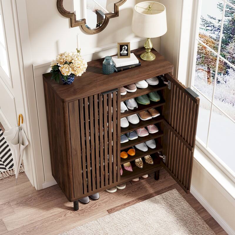 Wooden Shoe Cabinet with Shutter Doors, Adjustable Shelves Large Hidden Storage Organizer Rack for Entryway Hallway