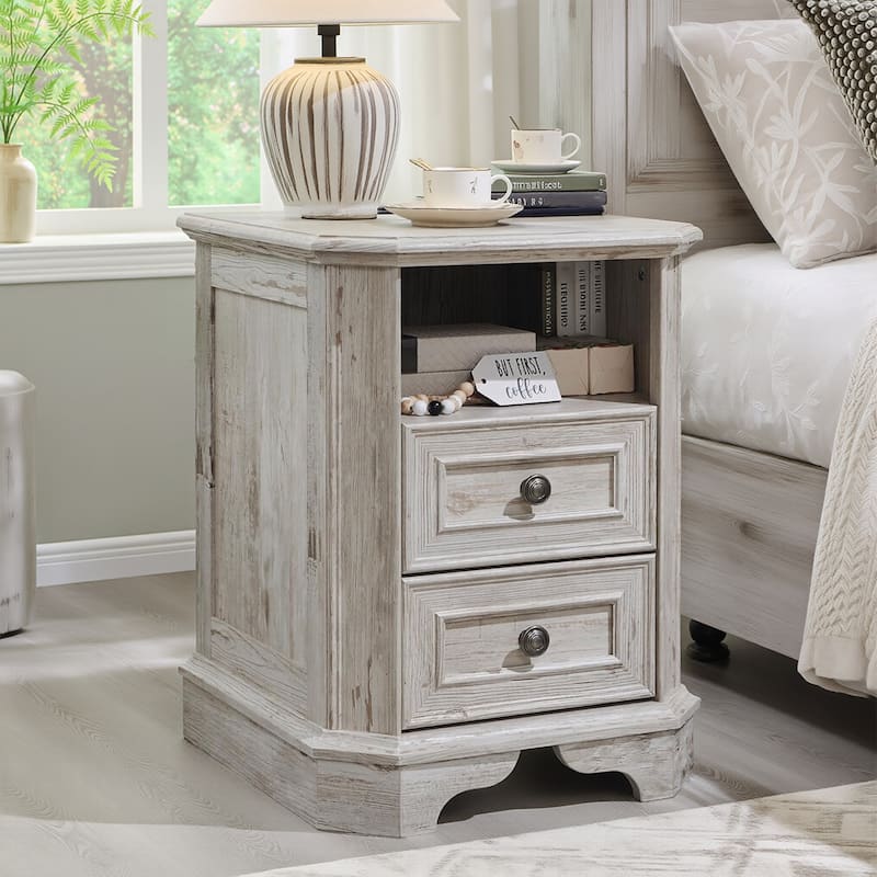 Farmhouse Nightstand Set of 2 with Charging Station, Bedside Table - Distressed White