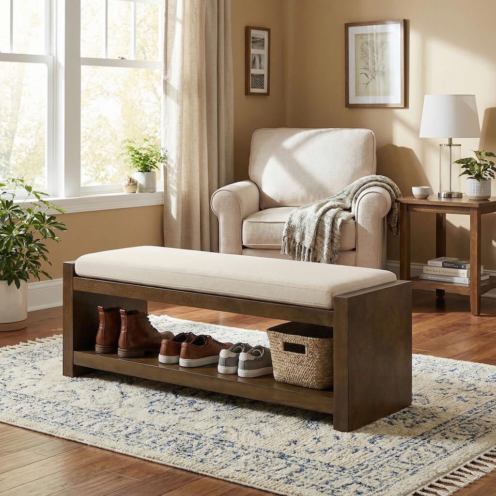 Homy Casa 47" / 40" Accent Bench with Storage, Padded Seating & Lower Shelf Shoe Rack