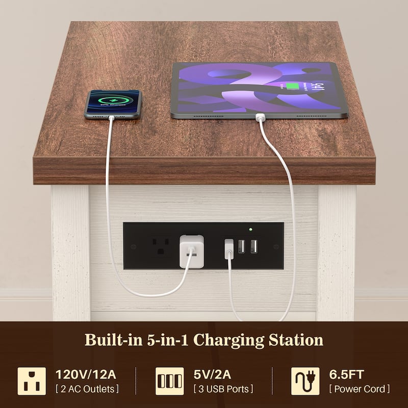 Farmhouse End Table with Wood Drawers and Charging Station, Sofa Side Table, Nightstand