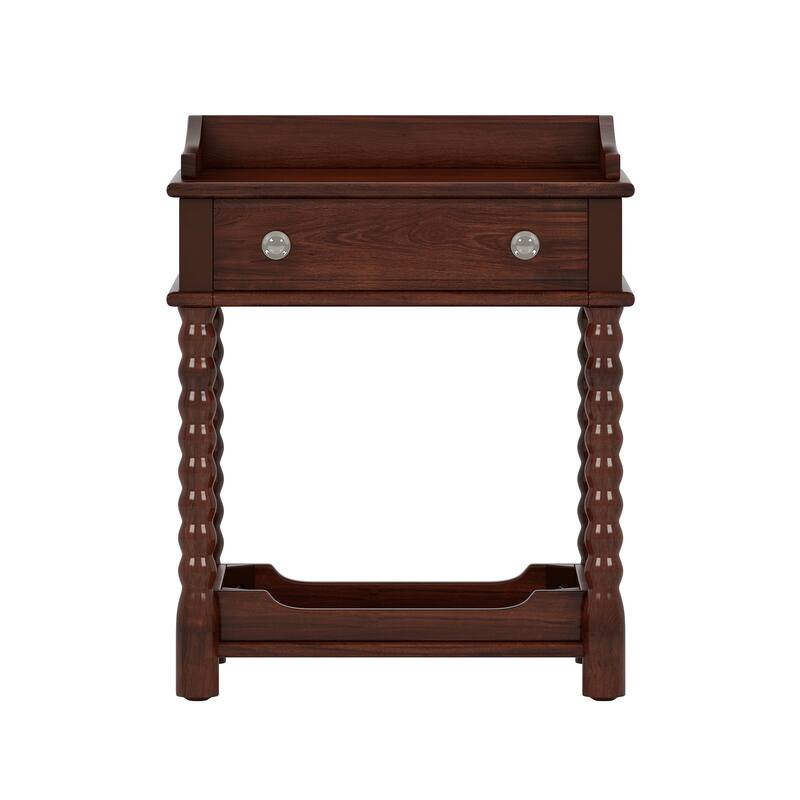 Wooden Nightstand with Drawer and Open Shelf, Accent Nightstand with Turned Legs, Sofa Side Table with Metal Handle