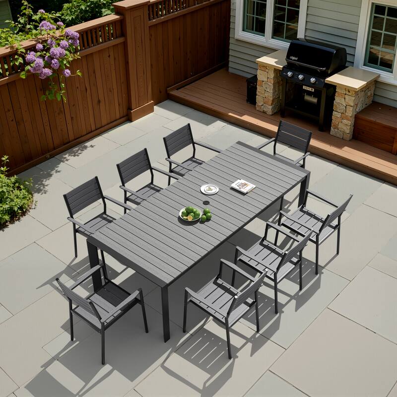 9-PCOutdoor Patio Dining Set WoodLike Table Top Aluminum Rectangular Umbrella Hole Table with Stackable Armrest Dining Chairs