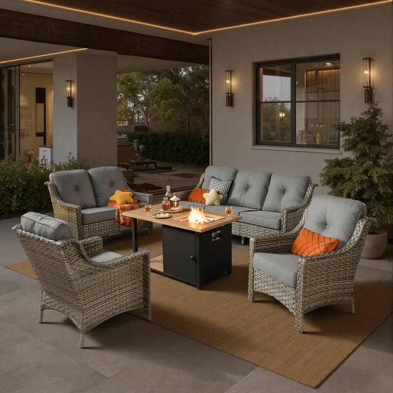 XIZZI 5-Piece Patio Wicker Furniture Conversation Set with Firepit - Dark Grey