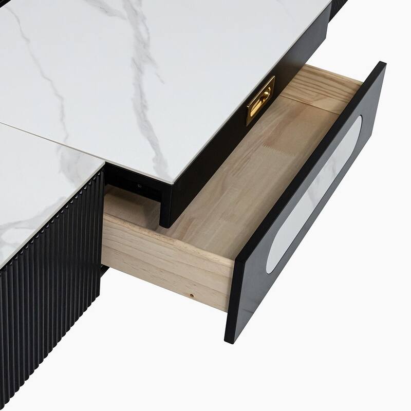 Modern TV Stand for Projector, Sintered Stone TV Cabinet with Drawers for Home Theater, Oak Veneer MDF, Black & White