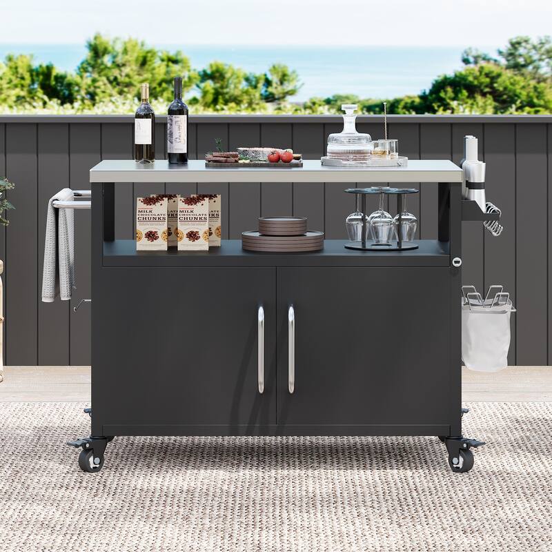 54.5" Outdoor Metal Kitchen Island with Stainless Steel Tabletop, Storage Cabinet, Spice Rack, Towel Rack & 4 Lockable Wheels