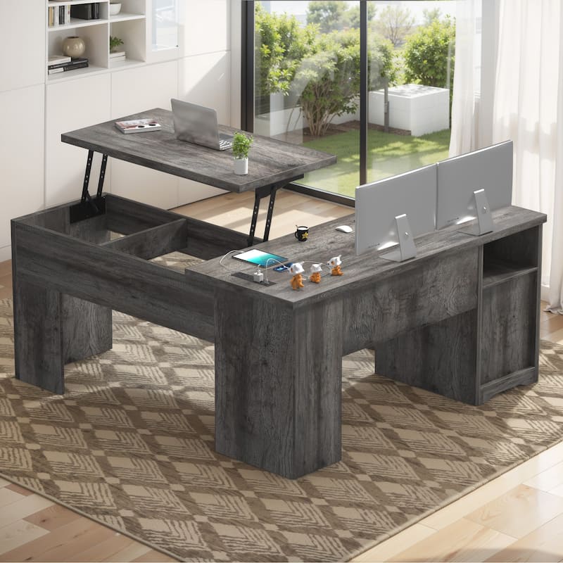 Modern Farmhouse Lift Top L-Shaped Desk with Charge Station, Corner Desk with File Drawers for Home Office