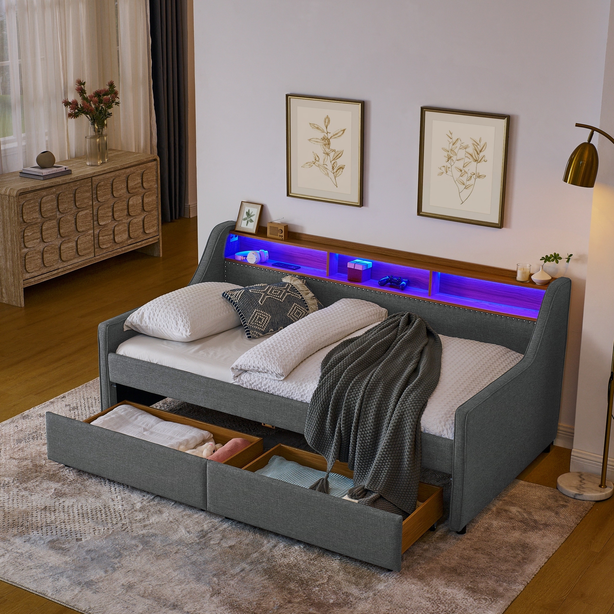 Twin Size Upholstery Sofa Bed with LED lights