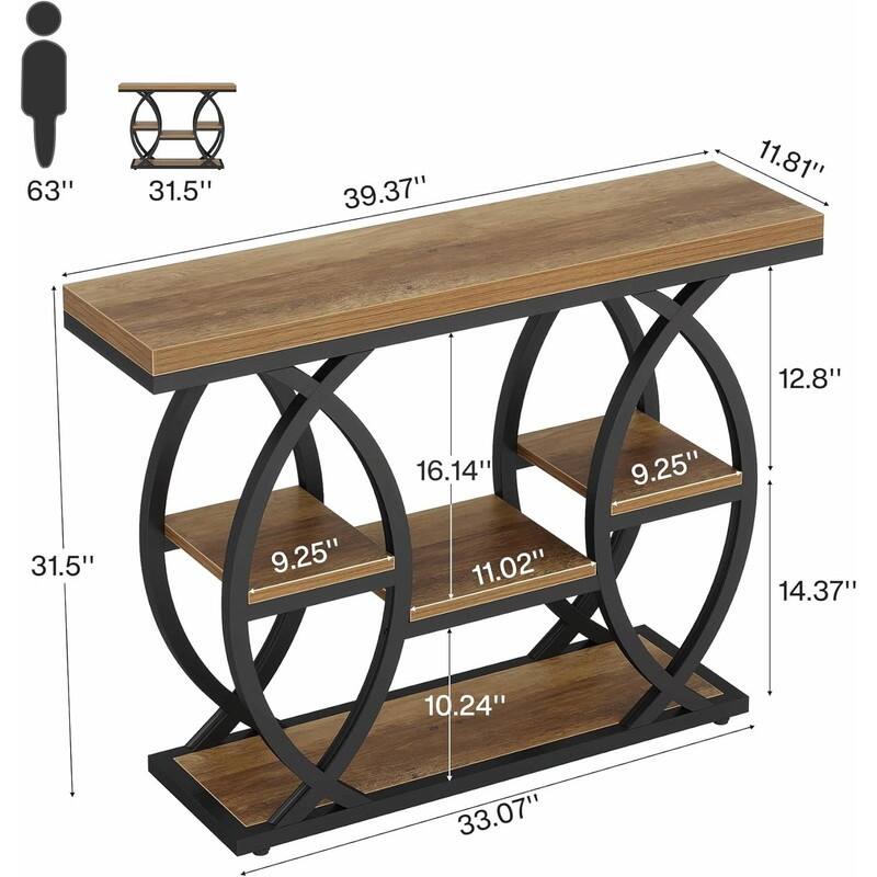 39" Industrial 4-Tier Console Table with Metal Frame and Staggered Shelves