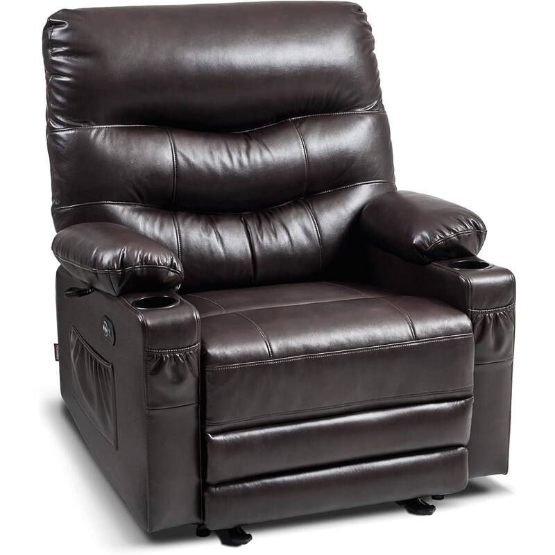 Large Power Faux Leather Recliner Chair with Heat and Massage, Cup Holder, USB Port