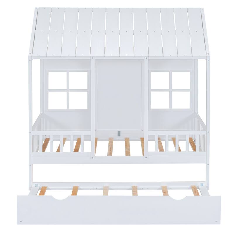 Roomfitters Full/Twin Size Wood House Bed with Twin Trundle, Modern Daybed Frame with Roof Design