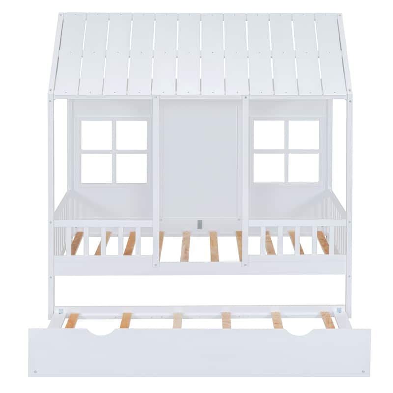 Twin House Bed with Trundle and Playhouse Design, 400lb Capacity, Solid Wood Frame
