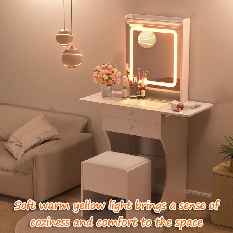 Vanity Set for Small Bedrooms - Small Space Makeup Vanity with Stool, Compartmentalized Drawers & 20cm Foldable Side Tables