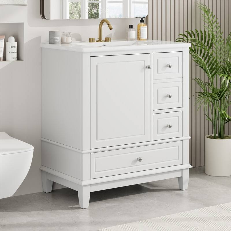 30" Bathroom Vanity with Ceramic Sink, Freestanding Bathroom Vanity Cabinet w/ 3 Storage Drawers, 1 Soft Close Door & Door Shelf