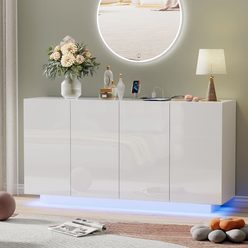 Buffet Cabinet with Storage Bar Cabinet LED light High Gloss Doors for Bedroom, Living Room - White