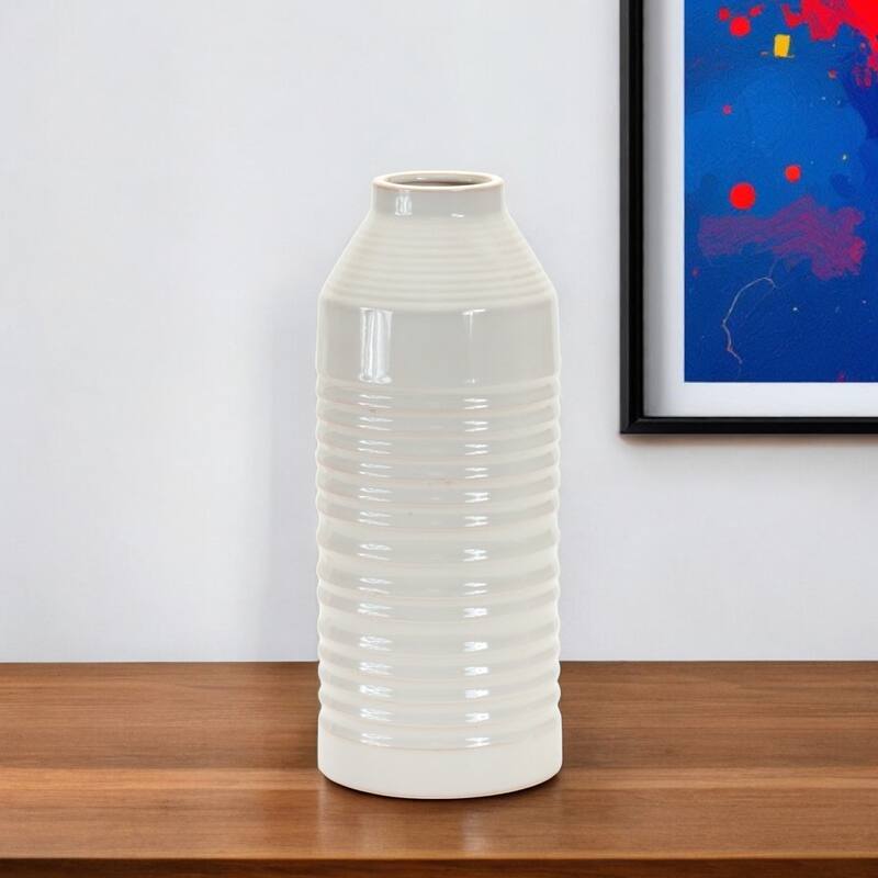 White Terracotta Cylinder Vase 15 Inch Ribbed Table Decor - White