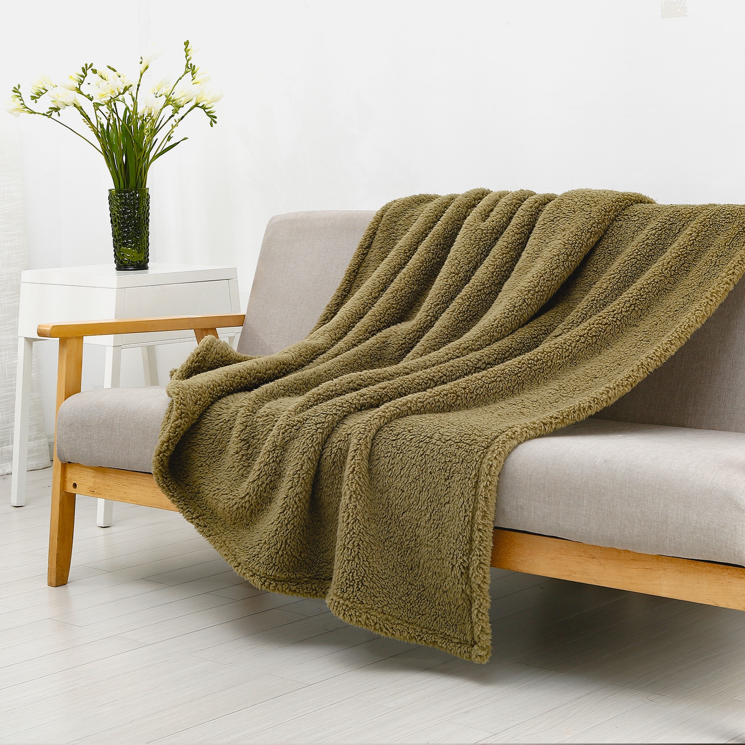 Olive Oversided Sherpa Throw Blanket 60 in. x 72 in. 2 Pack Set of 2