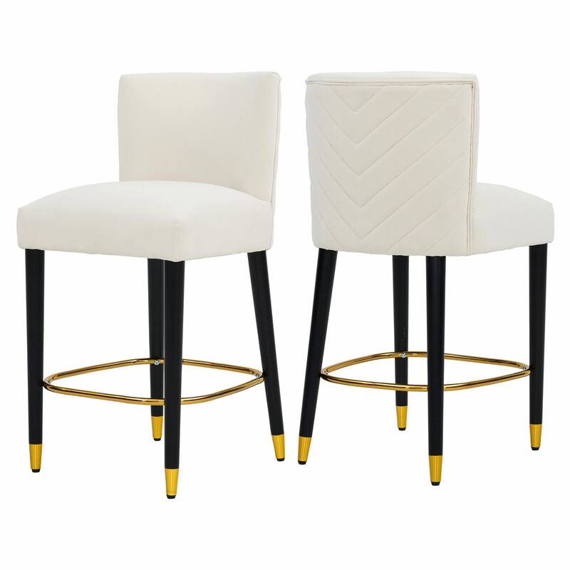 27-Inch Counterstool with Light-Colored Fabric and Gold-Tipped Circular Footrest