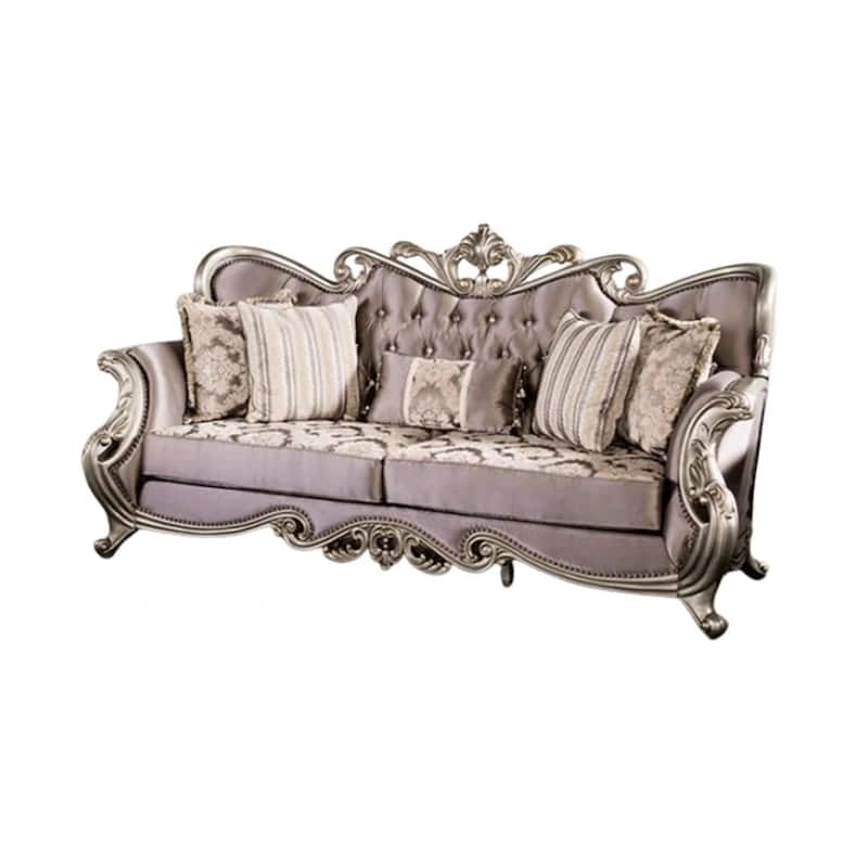 Aboi Sofa, 5 Accent Pillows, Purple Velvet, Carved Details, 95 Inch