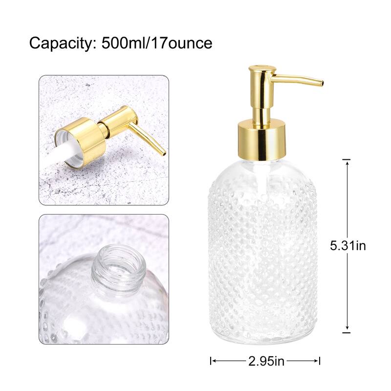 Soap Dispensers Set- 17Oz Empty Glass Dish Hand Soap Dispenser with Pump for Kitchen Bathroom, 2Pcs - Gold Tone