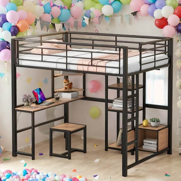 slide 2 of 11, Full Size Loft Bed with Desk, Wardrobe, Shelves and Cabinet, Black Black