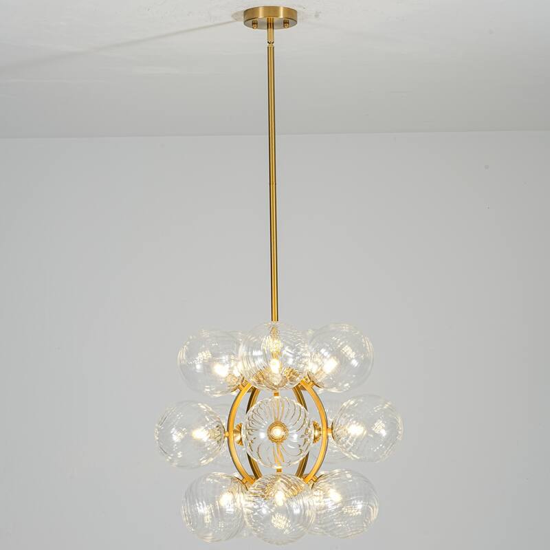 15-Light Brushed Gold Modern Luxury Twisted Glass Globe Iron Chandelier with Adjustable Rod for Living & Dining Rooms