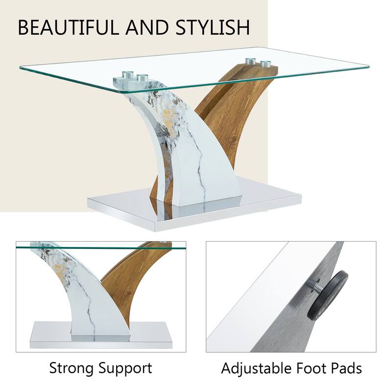 39.4" Modern Rectangular Coffee Table with Tempered Glass Countertop and Artistic MDF Legs