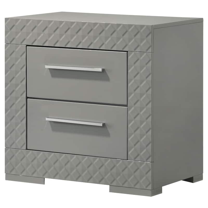 Grey High Gloss 2-Drawer Nightstand with Felt Lined Top Drawer, Modern Italian Minimalist Bedside Storage