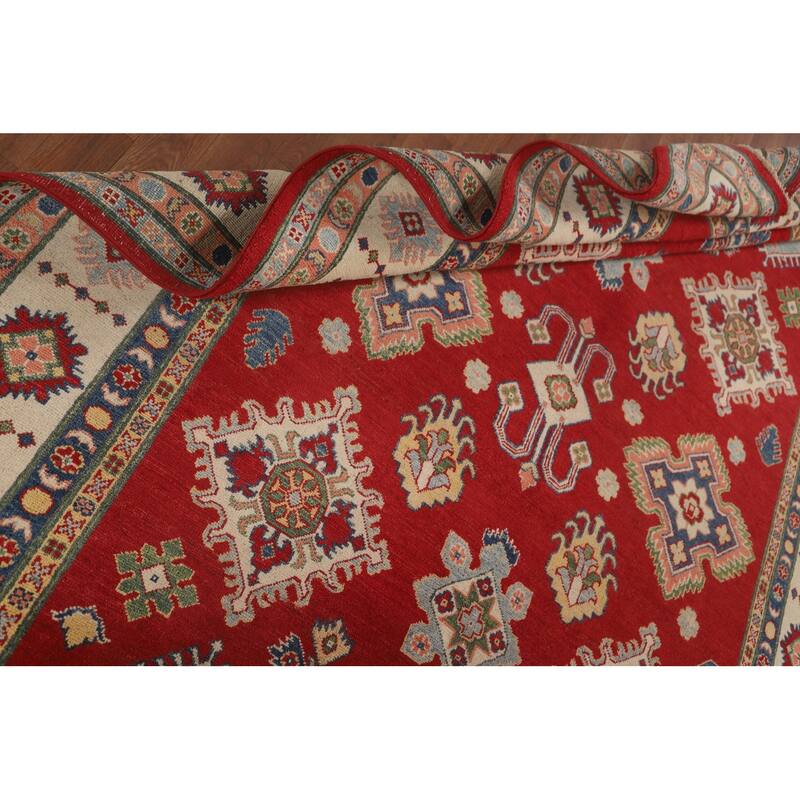 Red Geometric Kazak Living Room Area Rug Handmade Wool Carpet - 6'7" x 9'11"