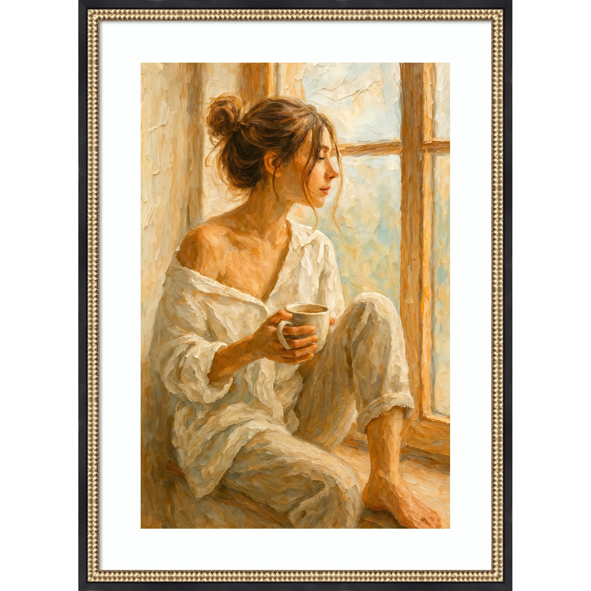 Woman With Cozy Cup Coffee Window by Natalie Bruns Wood Framed Wall Art Print