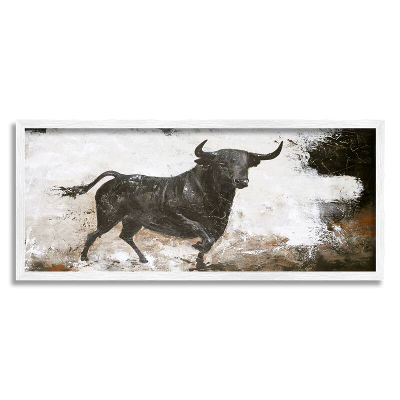 Stupell Rustic Running Bull Abstract Animal Painting Wild Cattle Framed Wall Art - Off-White - 24 x 10 - White