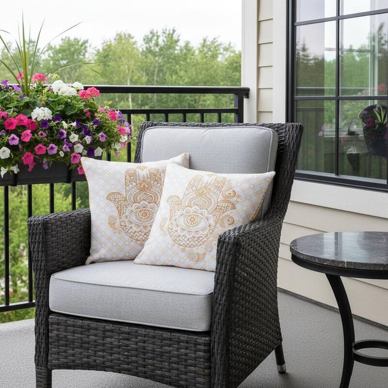 HomeRoots Set of Two 16" X 16" Gold and White Blown Seam Hamsa Indoor Outdoor Throw Pillow - 16.00' X '16.00' X '5.00 - Gold/White - 16.00' X '16.00' X '5.00