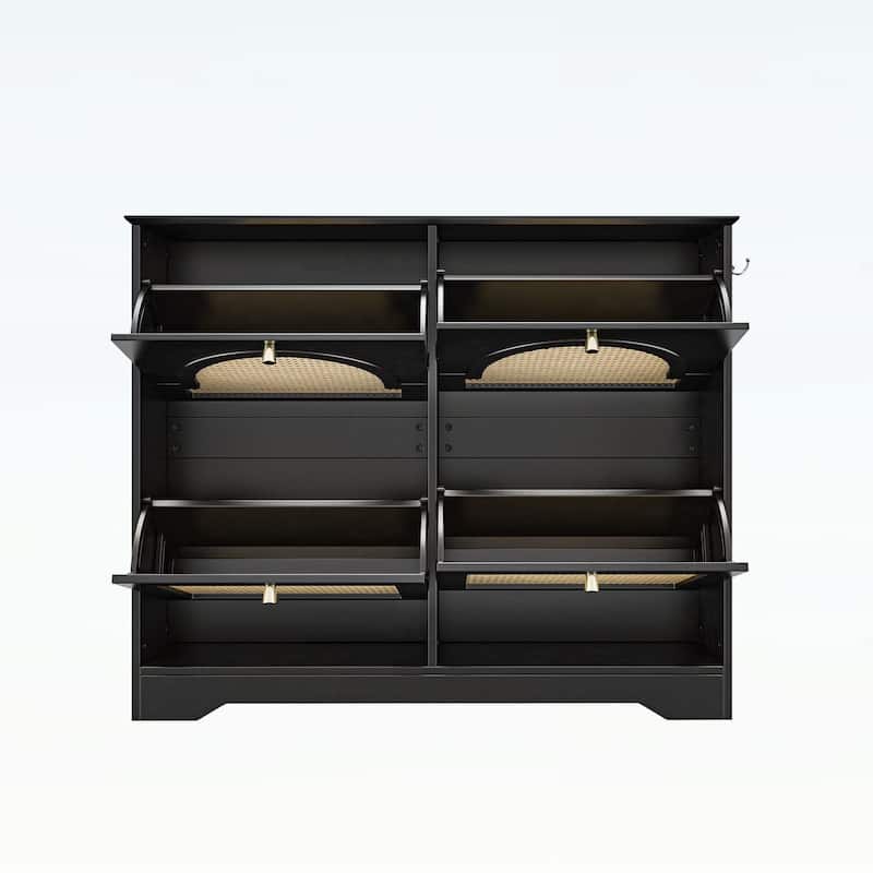 Elegant Entryway Shoe Cabinet with 4 Flip Drawers,with Rattan Doors and Hooks